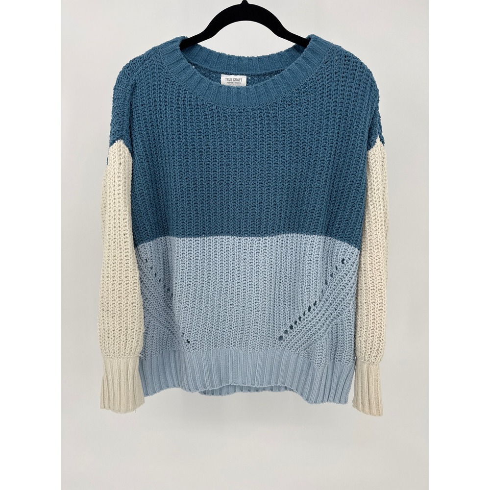 True Craft Colorblock Knit Sweater Blue Beige Light Blue Women's Size S